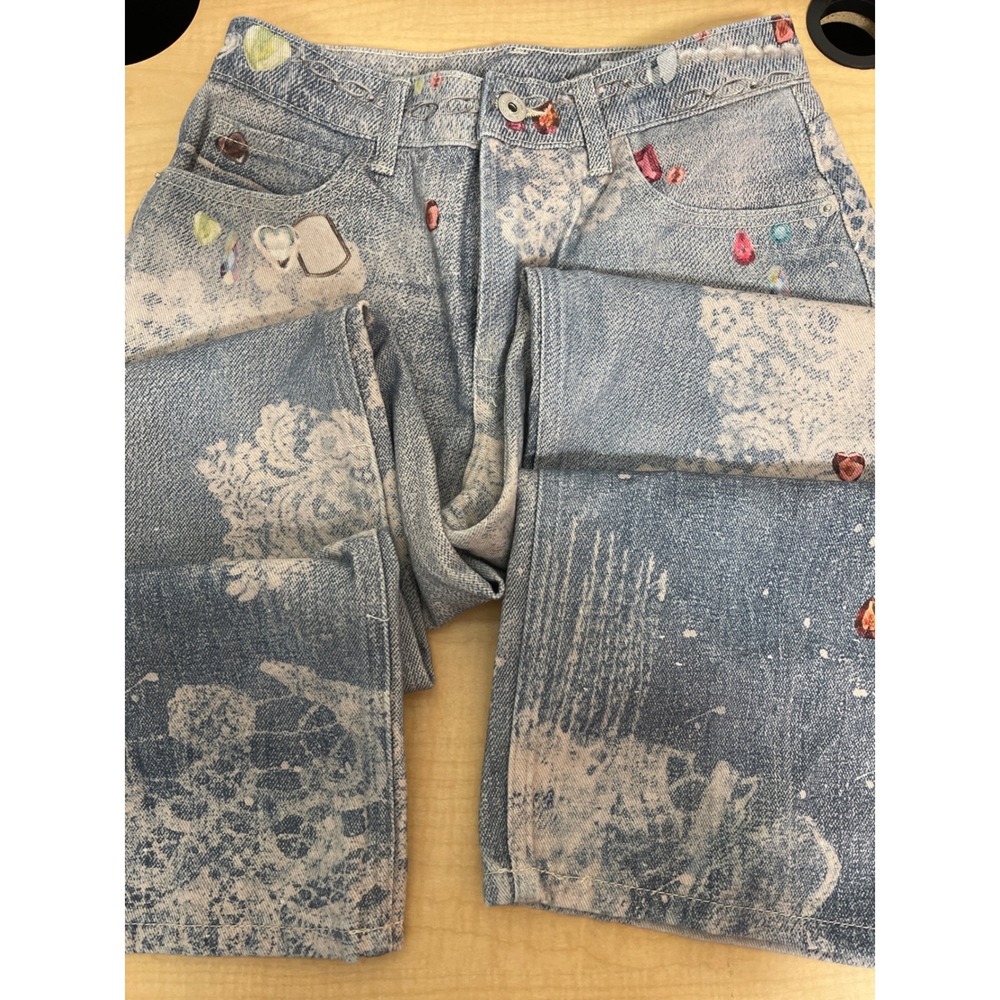 Bershka Light Wash Graphic Print Jeans Heart Jewel Floral Lace Y2K Size 2